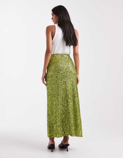 French Connection Elena sequin midi skirt in olive, 2 of 5
