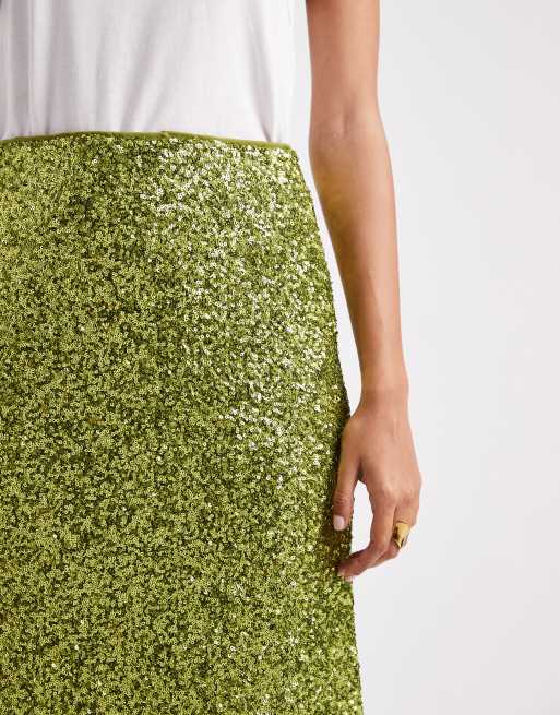 French Connection Elena sequin midi skirt in olive ASOS