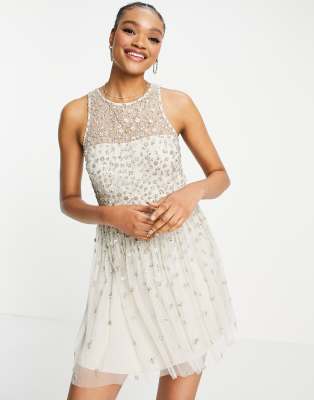 French Connection Elin embellished sequin mini dress in cream - ASOS Price Checker