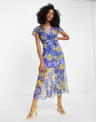 French Connection eloise crinkle midi dress in blue