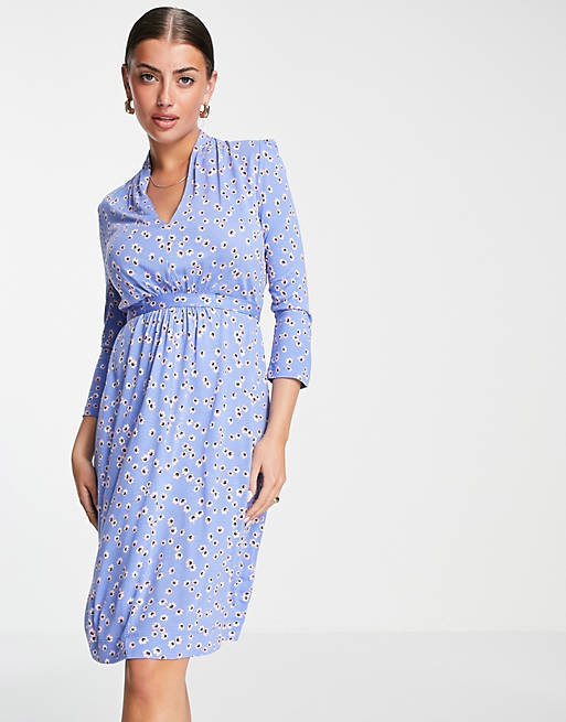 French Connection Eloise tie waist printed jersey dress in blue