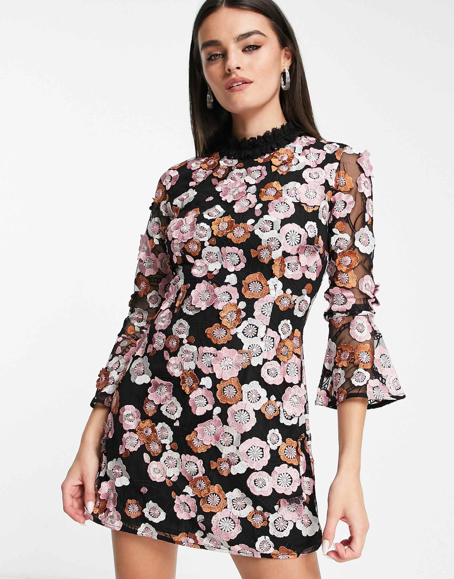 french connection embellished 3d floral mini dress