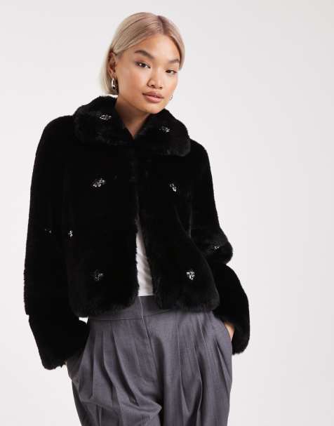 French Connection embellished cropped faux fur coat in black - view 1