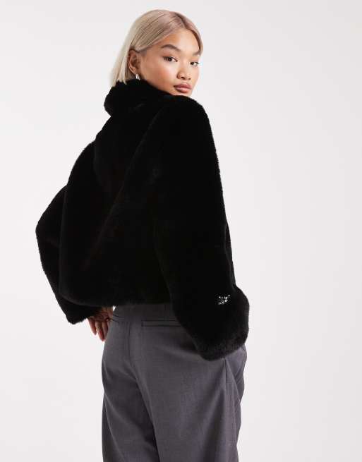 French Connection embellished cropped faux fur coat in black, 2 of 4