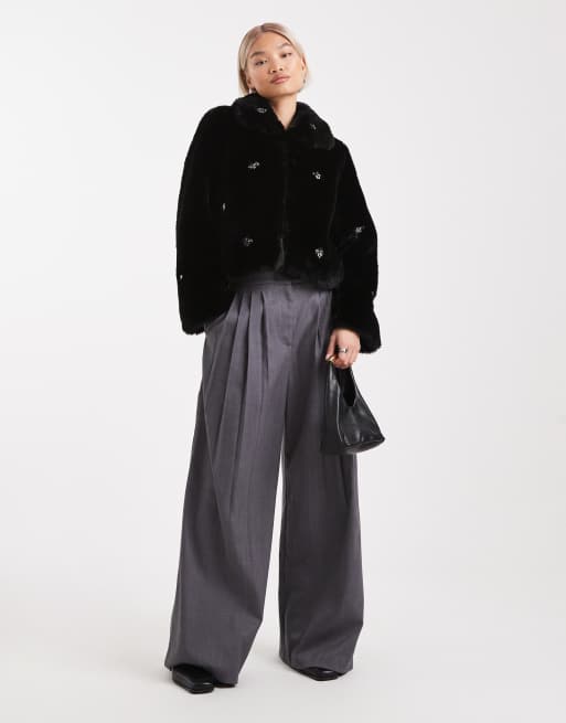 French Connection embellished cropped faux fur coat in black, 3 of 4