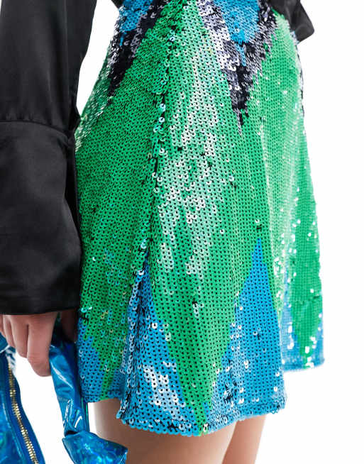 French Connection embellished sequin mini skirt in green zig zag