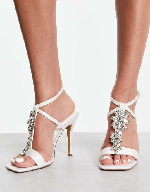 French Connection embellished t bar heeled sandals in ivory satin