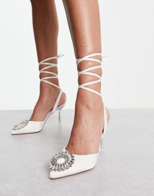French Connection embellished toe heeled shoes in ivory satin - ASOS Price Checker