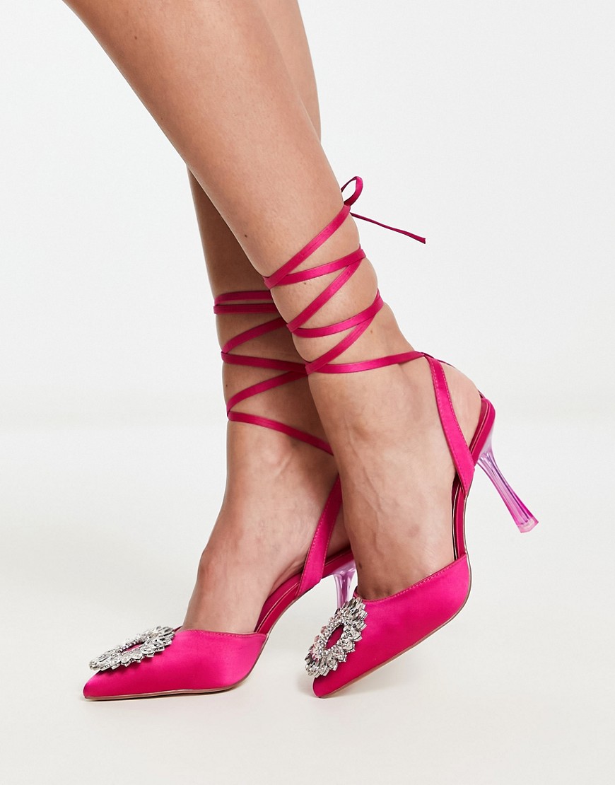 French Connection embellished toe heeled shoes in pink satin