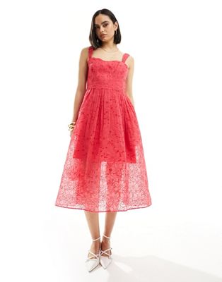 Shop French Connection Embroidered Lace Sweetheart Midi Dress In Red Azalea