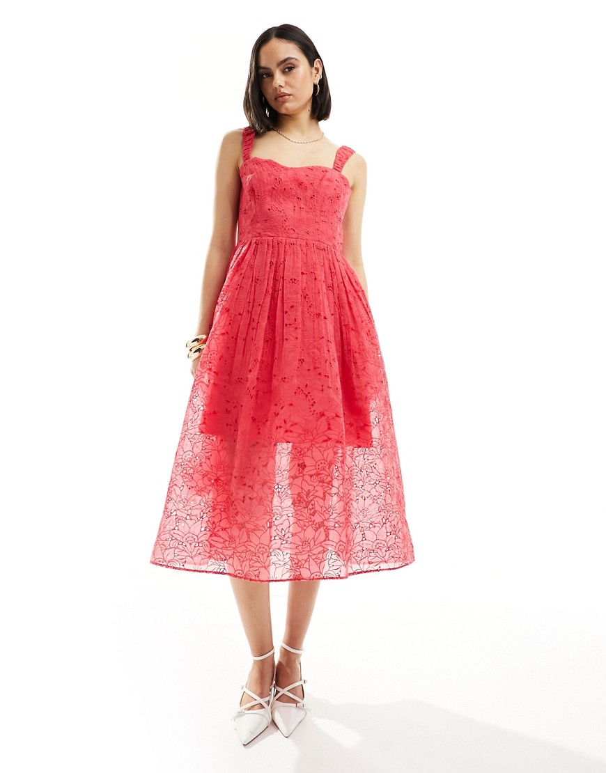 French Connection embroidered lace sweetheart midi dress in red azalea