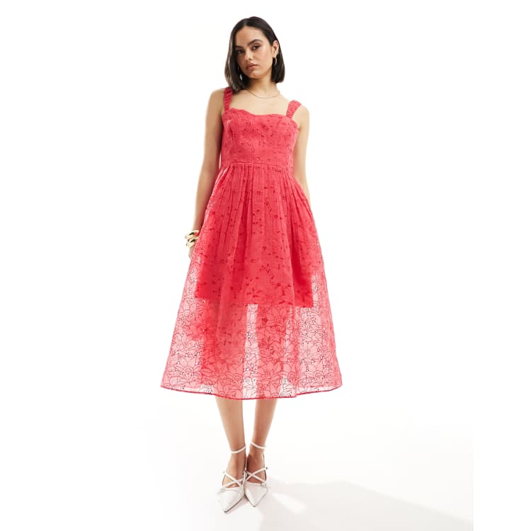 French Connection embroidered lace sweetheart midi dress in red azalea