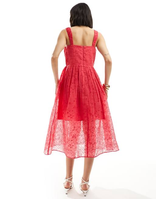 French Connection embroidered lace sweetheart midi dress in red azalea