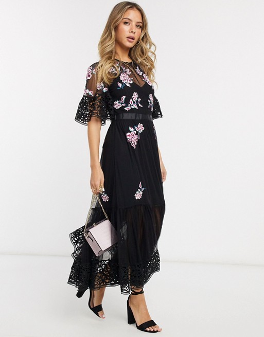 French Connection embroidered maxi dress in black