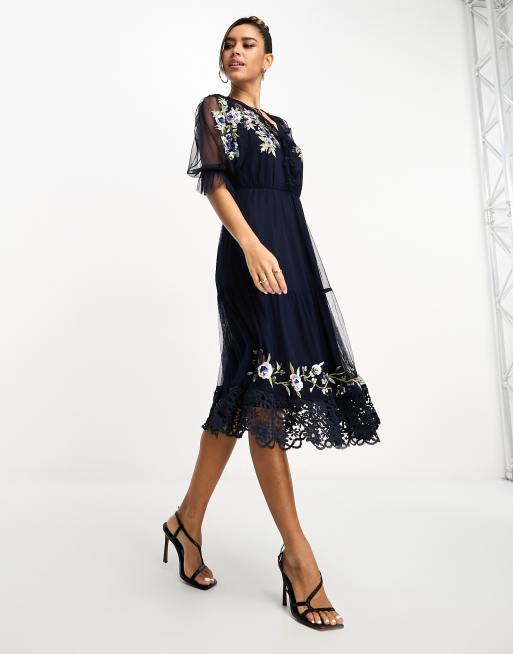 Ever New long sleeve tie waist midi dress in blue satin