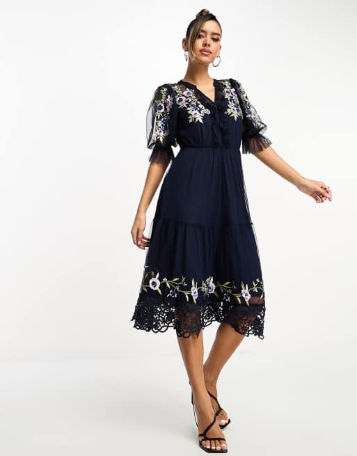 French Connection embroidered midi dress in navy | ASOS