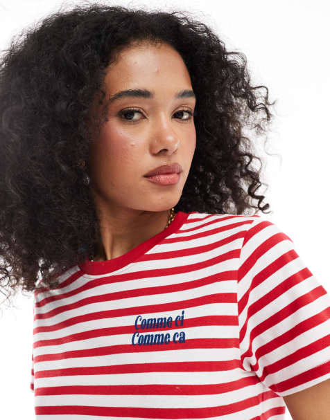 French Connection embroidered slogan t-shirt in red and white stripe - view 1