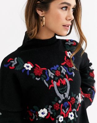 French Connection - Emily - Geborduurde trui van lamswol-Zwart