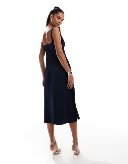 French Connection Ennis satin lace midi dress in navy ASOS