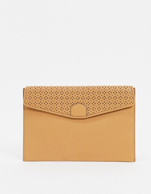 French Connection envelope clutch bag with cutwork detail in tan