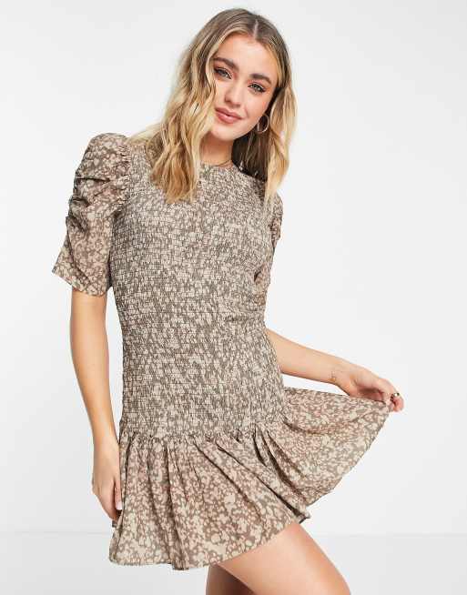 French Connection Erika drape printed smock dress in khaki