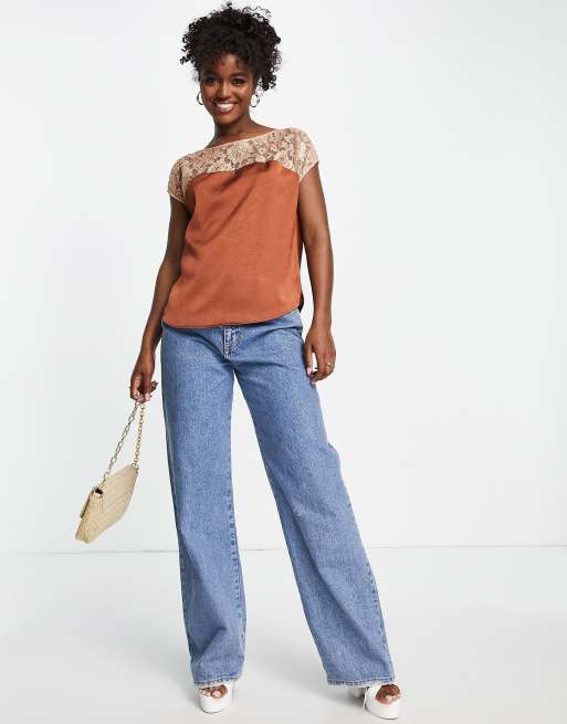 French Connection Eshi satin foil lace mix top in brown