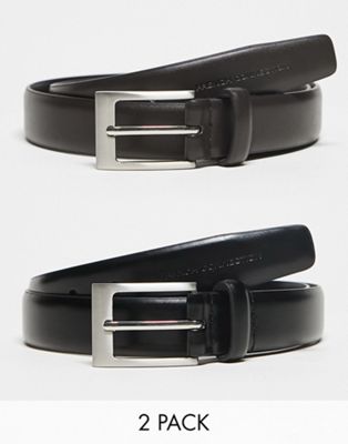French Connection essential leather 2 pack belt in Black and brown with brushed buckle