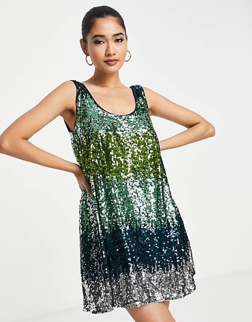 Designer Brands French Connection Estari ombre swing mini dress in emerald sequin 
