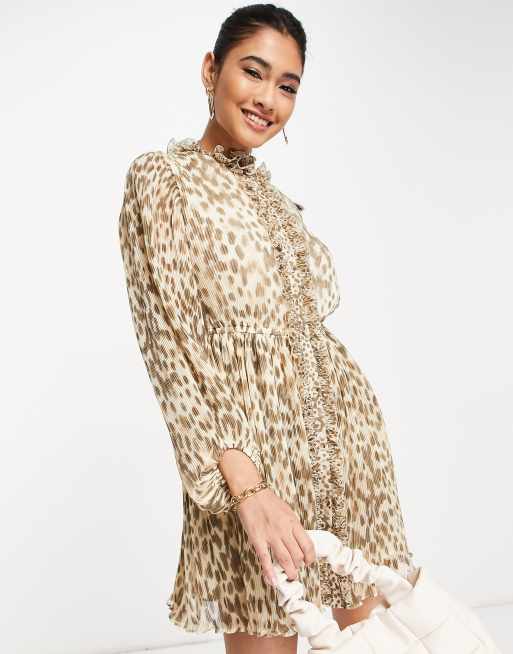 French Connection – Eva – Hochgeschlossenes, gerüschtes Minikleid mit Tierfellmuster