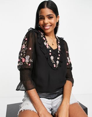 French Connection Eve Embroidered Blouse In Black
