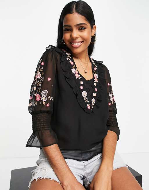 French Connection Eve embroidered blouse in black