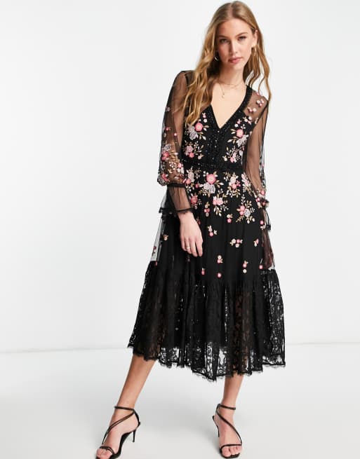 French Connection Eve midi dress with embroidery and mesh detailing in  black