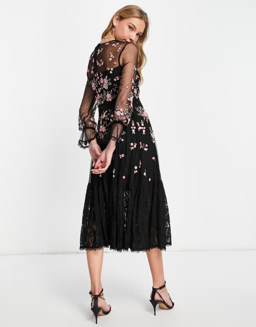 French Connection – Eve – Midikleid in Schwarz mit Stickerei und Netzstoff-Details , 3 von 4