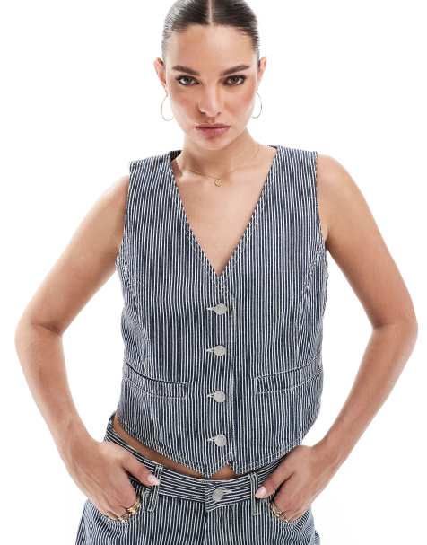 French Connection Everett denim waistcoat co-ord in indigo stripe