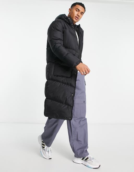 New Look longline padded coat with hood in black