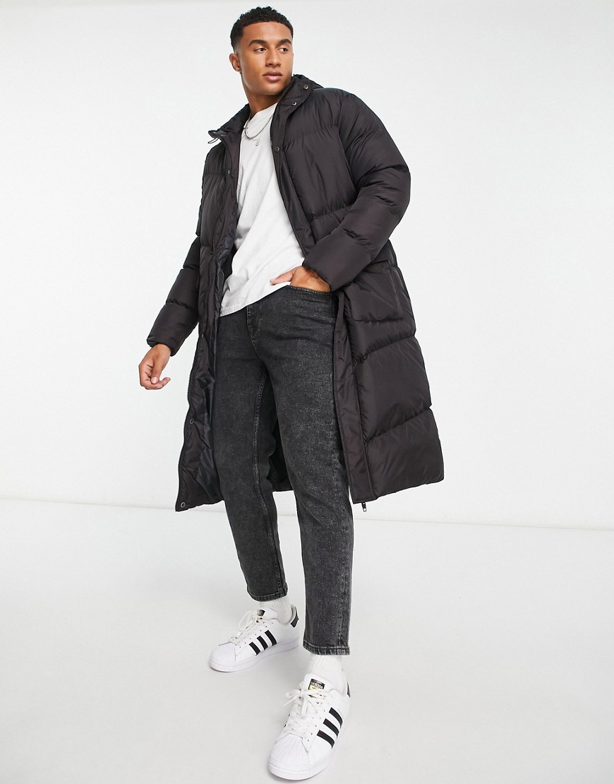 French Connection extra longline padded parka with hood in dark brown