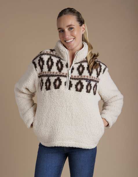 French Connection Fairisle borg high neck 1/2 zip fleece pullover in beige - view 1