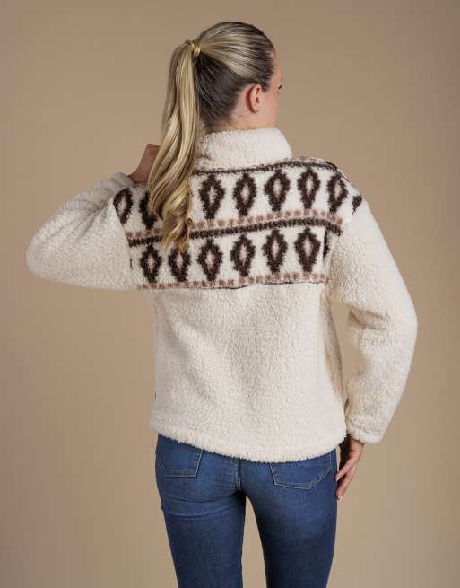 French Connection Fairisle borg high neck 1/2 zip fleece pullover in beige, 2 of 4
