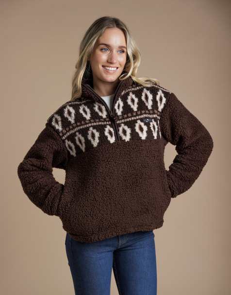 French Connection Fairisle borg high neck 1/2 zip fleece pullover in chocolate - view 1
