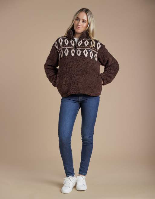 French Connection Fairisle borg high neck 1/2 zip fleece pullover in chocolate, 2 of 3
