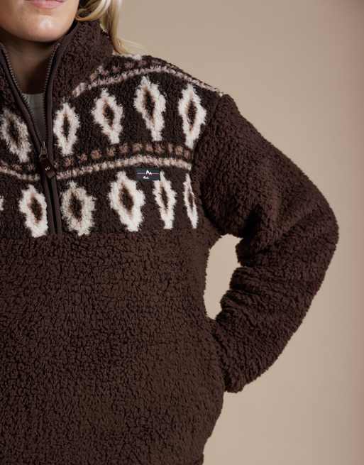 French Connection Fairisle borg high neck 1/2 zip fleece pullover in chocolate, 3 of 3