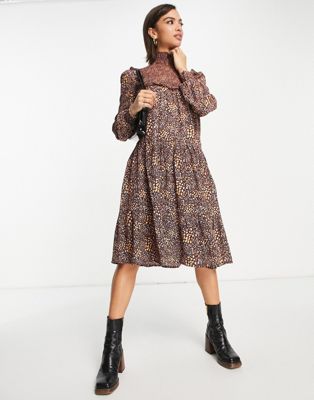 French Connection Faith drape high neck tiered midi dress in brown animal print - ASOS Price Checker