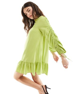 French Connection Faron drape mini dress with ruched sleeve detail in lime-Green