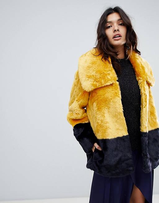 French Connection Faux Fur Coat in Coloublock