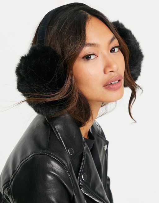 French Connection faux fur ear muffs in black ASOS