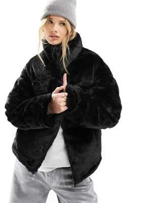 French Connection Faux Fur Funnel Neck Jacket In Black