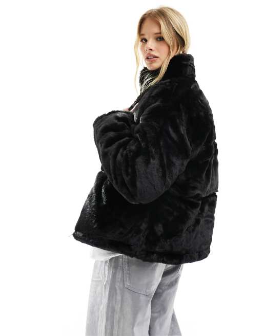 French connection asymmetrical faux fur outlet puffer