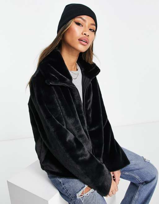 Black faux hotsell fur bomber jacket