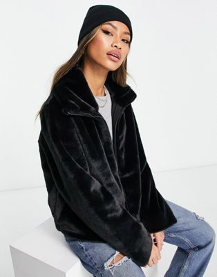 French Connection Faux Fur High Neck Bomber Jacket In Black