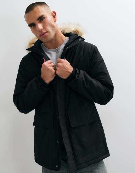 French Connection faux fur hood detail padded parka jacket in black, 3 of 5